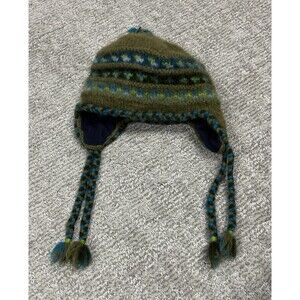 Windhorse Hat Kids Large Nepal Knit Wool Ear Flaps Fleece Lined Olive Green Blue